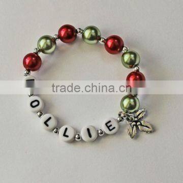 holly berry Charm Bracelet, Personalized Name Bracelet, Party bracelet for child kids,little girl's pearl bead Christmas jewelry