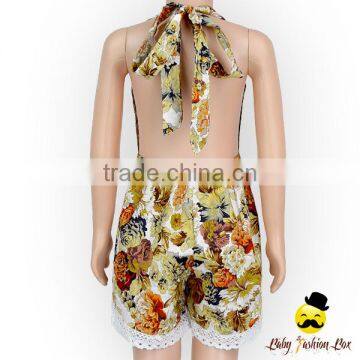 Wholesale Yiwu Cheap Kids Clothes Flower Printed Halter Sleeveless Lace Froal Baby Girl Vintage Romper Leotard Bodysuit photo-6