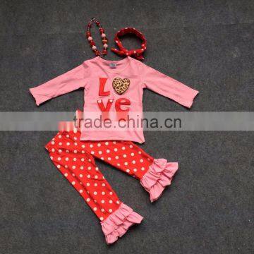 2016 girls clothes Valentine's day "Love" leopard kids clothes red dot pants kids girls clothing with matching accessories