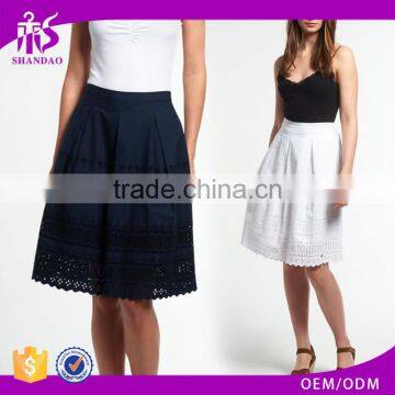 2017 Hot Sale Guangzhou Shandao Latest Casual Design Elegant Women Knee Length Lace Hem Ruffle Navy 25 yard Cotton Skirt