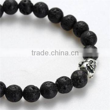 New Fashion Stone Lava Beaded Healing Bracelet Black Antique Silver Buddha Statue Head Elastic photo-2