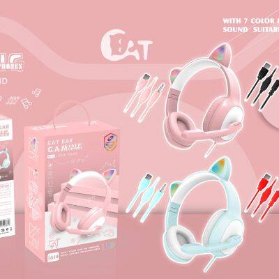 G19 Pink Cat Ear Cute Girl Gaming Headset With Mic Noise Reduction Foldable Stereo Music Helmet RGB Flash Wired Headphone photo-3