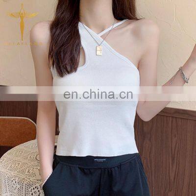 Forefair Ribbed Tank Tops Sexy Crop Vest Solid Harajuku Korean Female Off Shoulder Knitted Khaki Black Summer Women Tops photo-2