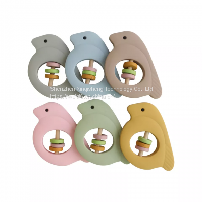 Baby Wooden Bird Bed Rattles Silicone Bird Shape Teether Rodent Baby Rattle Toys Teether photo-5
