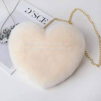 012New Plush Faux Fur Winter Tote Chain Crossbody Bag Small Cute Heart Sharp Tote Pink Red Black Purse photo-5