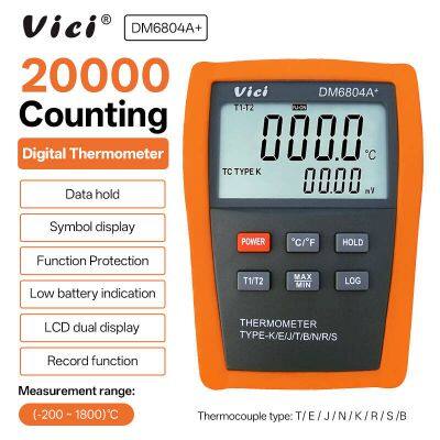 Vici DM6804A+ Digital Thermometer with Thermocouple Probe and Dual Input Dual Display Alarm Record function