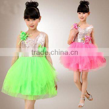 In-stock children princess modern dance costume sequin dance costume school girls( Pink , green, orange)