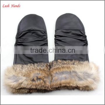 2016 ladies wholesale genuine leather mittens with brown fur