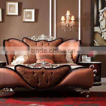 Neoclassic style solid wood furniture italian leather crystal button antique bed room furniture suite made in foshan guangzhou