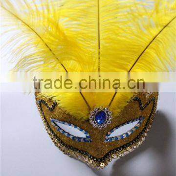 Yellow Cheap Ostrich Feather Mask With Blue Gem Masquerade Mask For Venetian Mask