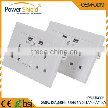 Euro British Plug Wall outlet switch control + dual 2 X USB power point with CE RoHS BS1363 standard