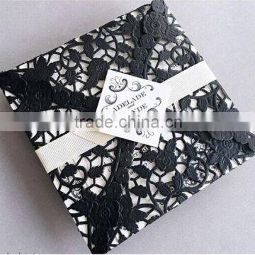 Gorgeous vintage black laser cut wedding invitations with ivory ribbon for wedding