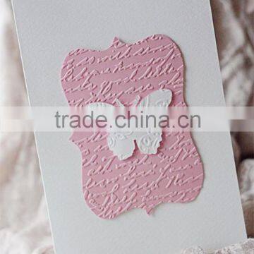 New arrival romantic white & pink embossed butterfly wedding invitations