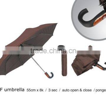 High quality black 3 folding flat pop-up umbrella with hook handle