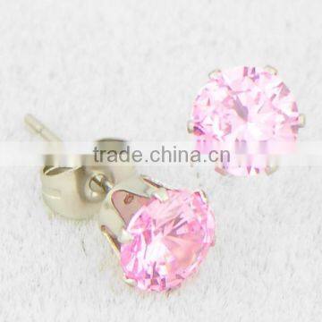 Fancy Stainless Steel Earrings Pink CZ Stone Inlaid Stud Earring