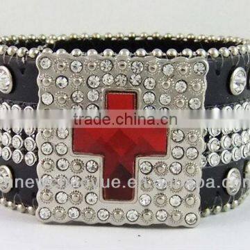 newest high quality different kinds size red cross rhinsetone leather bracelet