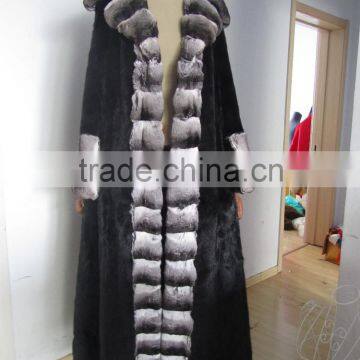 mink fur long coat with rex rabbit fur chinchilla fur collar