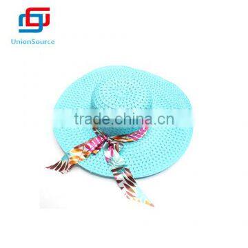 Sky Blue Big Brim Paper Hat With Ribbon