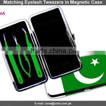 Eyelash Extension Tweezers In Pakistan Flag Print Case / Get Customized Designed Lashes Kits From ZONA PAKISTAN