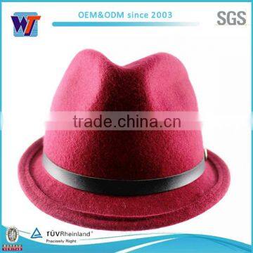 Red Color Wool Mini Fedora Felt Hat With Black Leather Band