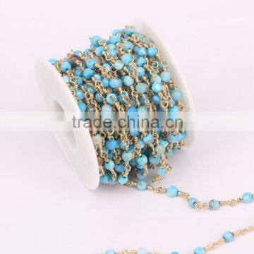 Size 4mm DIY Wire Wrapped Beaded Rosary Chain Faceted Blue Sea Jasper Beads for Necklace Bracelet
