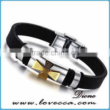 Charm Rubber Silicone Chain Gold Cross wristband bracelet for mens with stainless steel buckle