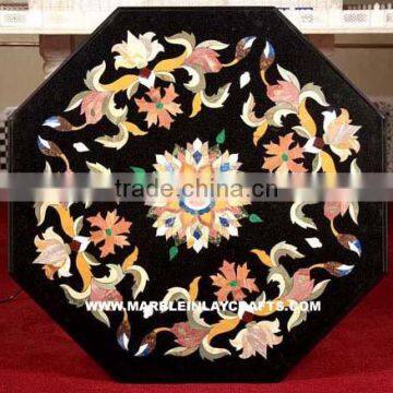 Black Marble Stone Inlay Table Top Pietra Dura Table Top