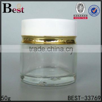 cosmetics best sellers factory cost 50 ml glass jar clear round high quality glass bottle jar with white plastic lid wholesale