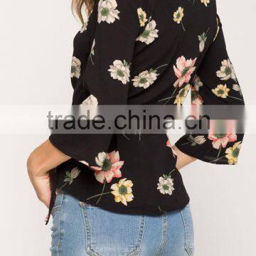 New Designs Ladies Fashion Deep v Neck 3/4 Sleeveless Floral Print Surplice Wrap Blouse