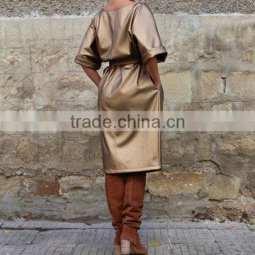 2017 Gold Metallic Fabric Evening Cocktail Dress For Fat Women Plus Size Leather Dress HSD5978 photo-6