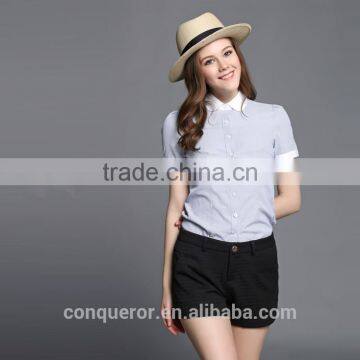 Ladies Fashion Short Sleeve Shirt Contrast Collar And Cuff Shirt photo-2