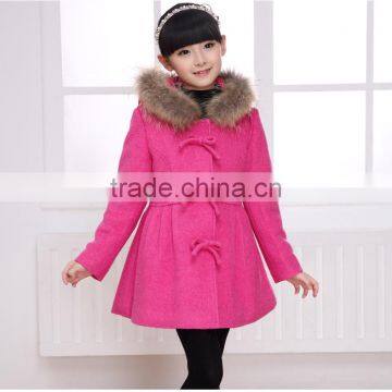 fashion girls winter woolen coat /collar fur cap coat for baby girls