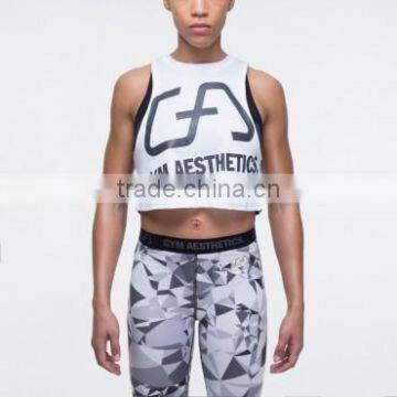 White/Grey Womens 100% Polyester Performance Crop Top Dry Fit Mositure Wicking Sleeveless Crop T Shirt with Mesh Back