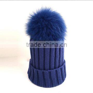 Myfur Royal Blue Classic Style Winter Knit Hat with Fox Fur Pom Pom