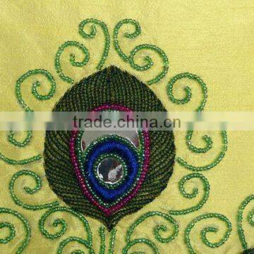 Yellow Pillow Cover With Peacock Feathers,Thread-Work Toss, Decorative Pillow Cover, Couch Bed Pillow