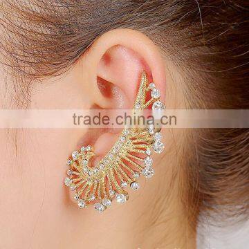 Rhinestone Crystal Hollow Leaf Earrings Cuff Metal Ear Wrap