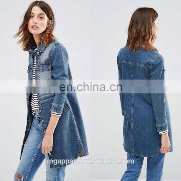 Stretch denim fabric women blue long jean jacket wholesale