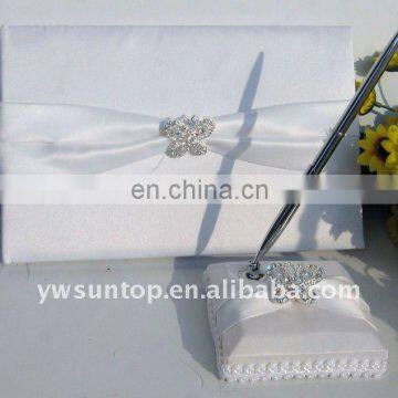 Pretty butterfly design with Rhinestone decoration white satin wedding guest book