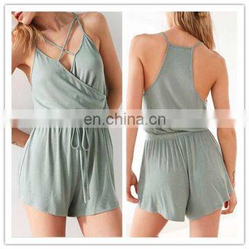 Womens sexy Spaghetti strap Short Rompers jumpsuit with Fresh Stretch Knit Cross-front