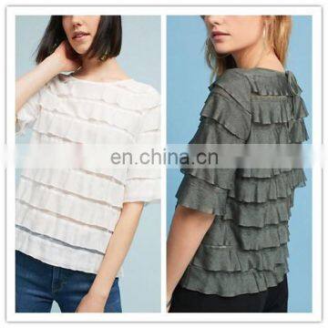 Womens Fancy Crew Neck Short Sleeve Ruffle Blouse Tops