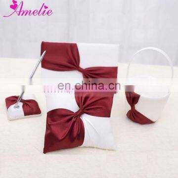 Ivory Fabric with Slanting Burgundy Bow Wedding Decorations 4pcs Set Ring pillow Basket Guestbook and Pen holder Set