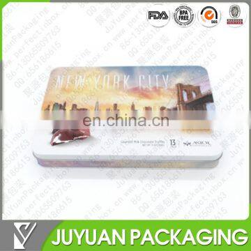 Flat rectangular empty metal choclate tin box with vac PET tray