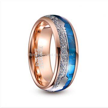 2019 Nuncad 8mm Wide Tungsten Carbide Ring Rose Gold Plating Inlaid Blue Shell + Meteorite+Arrow Dome Tungsten Steel Ring T225R