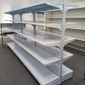 Double sided supermarket shelves with wire mesh back