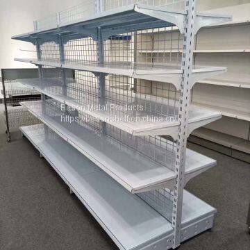 Double Sided Supermarket Shelves With Wire Mesh Back