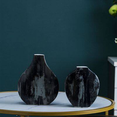 Black Metal Elegance Flat Ceramic Vase For Living Room Study Hotel Artificial Flower