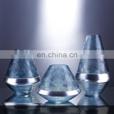 China Factory Handmade High Quality Silver Decorative Tabletop Vase Clear Blue Glass Flower For Home Decor Plant