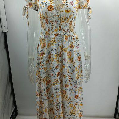 Womens Casual Summer Floral Print Shirred Waist Wrap Flowy Long Dress photo-4