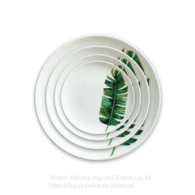 Customized Unique Design White Porcelain Dinnerware Green Leaf Ceramic Salad Plate Round Bone China Dinner Steak Plate