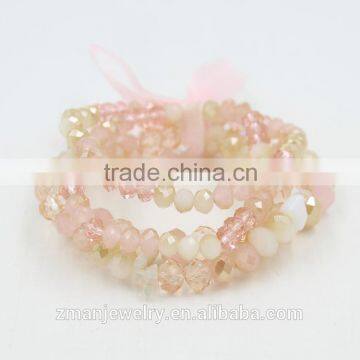 2015 New Arrival Multi Strand Pink Glass Beads With Ribbon Charm Bracelet